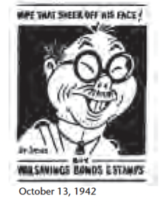 comic illustration of a racist depiction of asians, with text that reads "wipe that sneer off his face! war savings bonds and stamps"