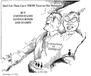 illustration of hitler and racist depiction of an asian man (maybe emperor hirohito), with text that reads "don't let them carve those faces on our mountains! buy united states savings bonds and stamps!"