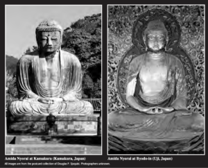 two images of sitting buddha statues
