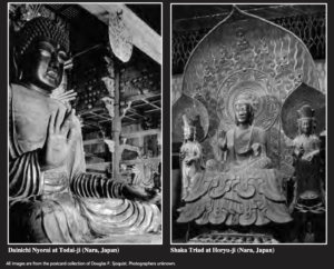 two photographs of sitting buddha statues