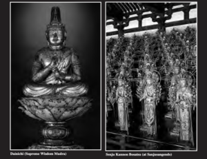 a photo of a sitting buddha on the left, on the right are several standing buddha statues