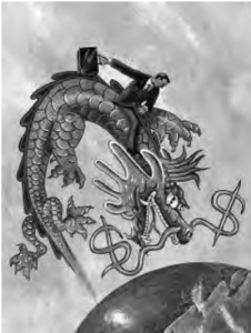An illustration drawing a scene that a businessman with suit and bag is riding a dragon. The beard of the dragon is two signs of dollar.