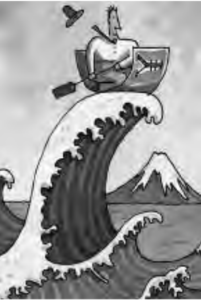 An illustration drawing a man surfing on a small boat with the sign of Japanese Yen. His hat is flying, and his tie is floating. The boat is on the peak of a high tide, which looks like that he will fall from the tide immediately. On the background is a volcano. The whole scene looks like the famous Ukiyo-e.