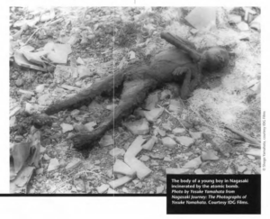 The body of a young boy incinerated in Nagasaki by the atomic bomb. 