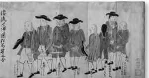 painting of a group of men in petticoats