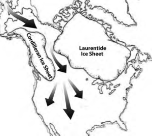 Simplified illustration of the Ice-Free Corridor between the Cordilleran and Laurentide ice sheets.