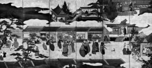 A pair of folding screens with six doors depicting people holding musical instruments walking through the bustling streets of 17th century Japan