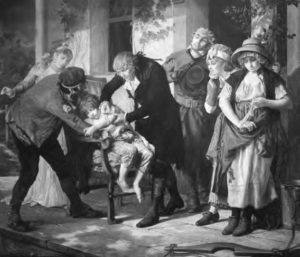 painting of two men holding a struggling child while one pokes the arm, as a milk maid wraps her arm. two others look on in interest.