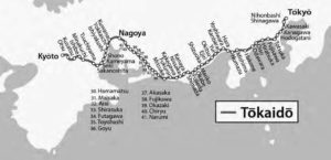 map of the road with several markers of the various cities and towns it travels through, from Tokyo to Nagoya to Kyoto.