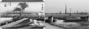 on the left is a painting of a road meeting a river. on the right is photograph of the same river, with telephone poles visible in the distance.