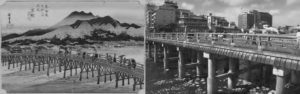 on the left is a painting of a bridge with a mountain range visible behind it. on the right is a photograph of the modern version of the bridge, with tall buildings visible behind it.