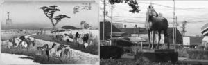 on the left is a painting of horses grazing, while the right is a photograph of a statue of a horse among homes.