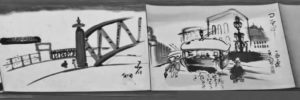 ink painting. on the left is a painting of a bridge with two small figures, while the right has buildings and a market visible with several figures.