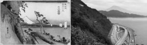 on the left is a painting of a road on the side of a cliff, overlooking water and a distant mt. fuji. on the right is a photograph of the road with cars, with the same bay and mountain visible.