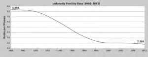 Indonesian fertility rate measuring births per women. The general trend is that the fertility rate has decreased exponentially from 5.886 to 2.89 children per woman. 