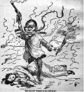 A cartoon image shows a man terror skilled a woman with a gun in his hand and a knife in his mouth