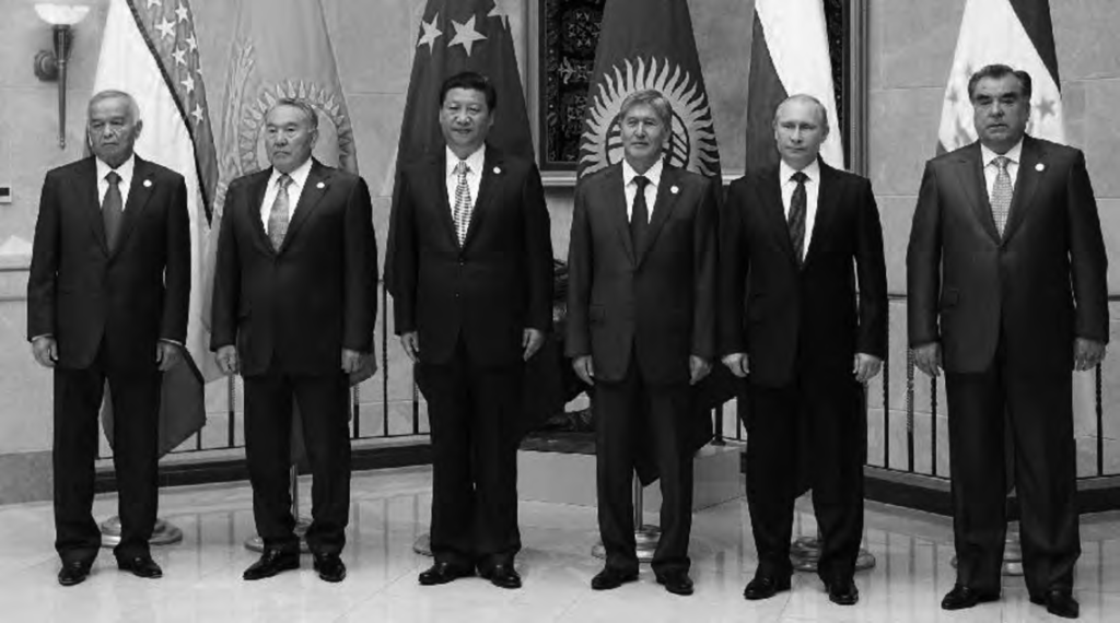 The leaders of the Shanghai Cooperation Organization (SCO) pose for a group photo in Bishkek, Kyrgyzstan, September 13, 2013. From left to right: President of Uzbekistan Islam Karimov, President of Kazakhstan Nursultan Nazarbayev, President of the People’s Republic of China Xi Jinping, President of Kyrgyzstan Almazbek Atambayev, President of Russia Vladimir Putin, and President of Tajikistan Emomalii Rahmon. 