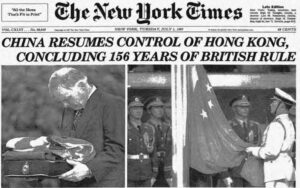 photo of a newspaper with the headline: china resumes control of hong kon concluding 156 years of british rule
