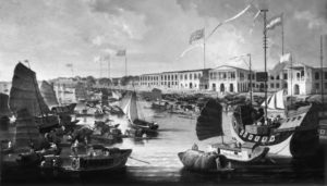 a painting of many ships in a harbor, with large factories visible on the shoreline. 