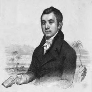 painted portrait of a man holding a book. there are palm trees behind him.
