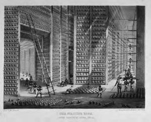 drawing of a large room filled with floor to ceiling shelves of pots of opium
