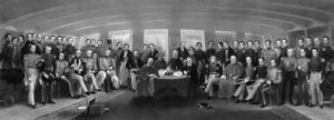 painting of a large group of men around a table full of documents