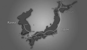 map of japan and korea and the volunteer's rooute