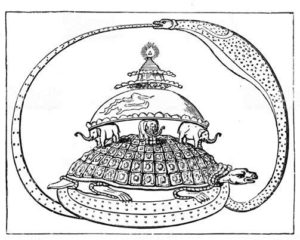 A Hindu depiction of the Earth resting on a tortoise with four elephants at its corners, encircled by a Naga, a serpent-human hybrid.