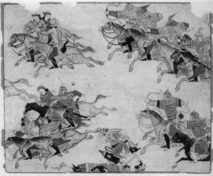 illustration of men in armor on horses