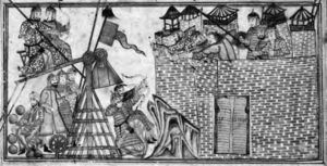 illustration of a catapult by a wall, with many men and horses visible