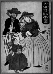 A woodblock print of a woman carrying a child on her back, talking to a little girl, and a man standing behind her