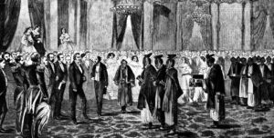 painting of a party with a group of men in suits and robes converging on each other in greetings