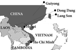 a map of asia, showing china, laos, cambodia, vietnam, and several cities significant to the trade routes such as ho chi minh city, lang son, dong dang, and guiyong