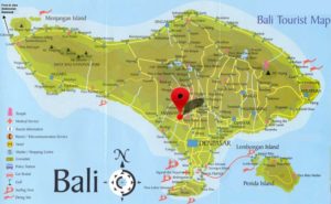 Map of Bali with the major landmarks marked. 