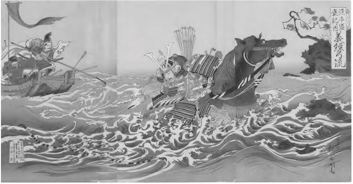 painting of a man in samurai armor on a horse in water. he reaches for his bow in the water