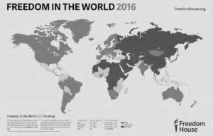 A map titled "Freedom in the World, 2016." Countries are shaded based on their designation of Free, Partly Free, or Not Free. 