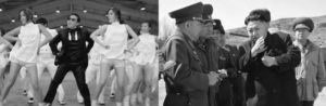The left picture shows a screenshot from PSY Gangnam Style. The right picture shows Kim Jong-Un discussing with military leaders.