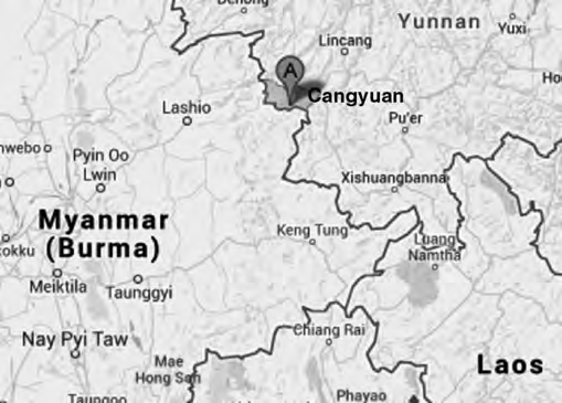 Google map pointing to Cangyuan in Yunnan province, bordering Myanmar and Laos. 