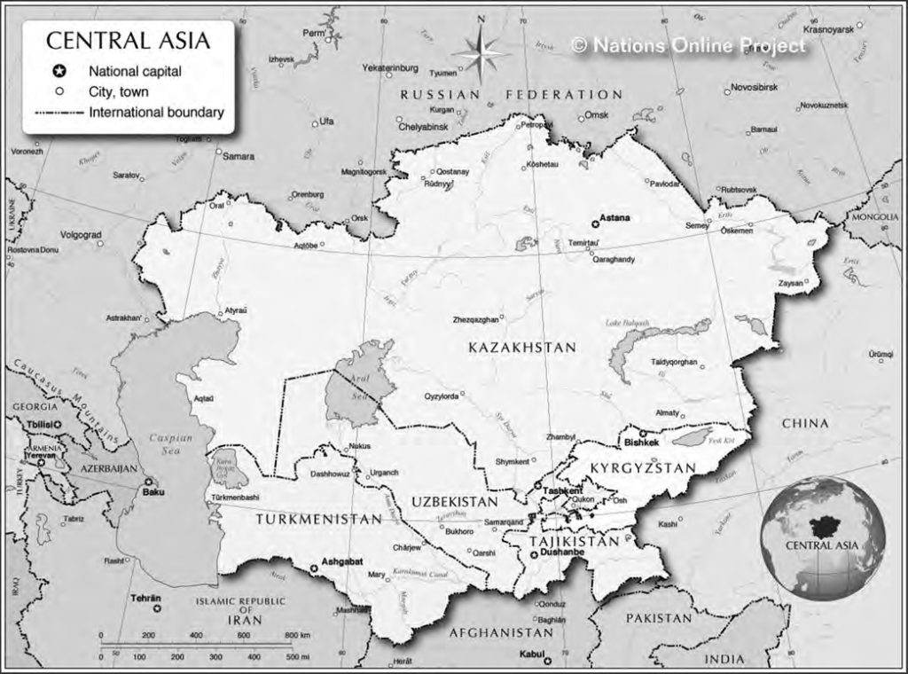 Map of Central Asia. Kazakhstan, Kyrgyzstan, Tajikistan, Uzbekistan, and Turkmenistan are shown and national capitals and major cities in this region are shown. 