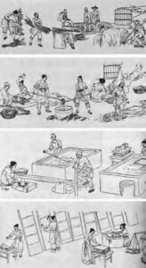A series of illustrations depicting men engaged in different work tasks related to printmaking. In the first illustration, a man is shown constructing a printing press. In the second illustration, a man is seen working as a blacksmith, likely forging tools used in the printmaking process. The third illustration depicts a man harvesting materials, possibly related to the production of printmaking supplies. Each illustration showcases the diverse skills and labor involved in the art of printmaking.
