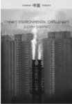 The book cover of 'China's Environmental Challenges.' The cover image depicts a Chinese cityscape engulfed in dense fog, emanating from a large burning chimney. The fog represents the environmental challenges faced by China.