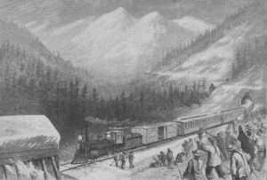 illustration of chinese railworkers in the snow as a train passes through the mountains