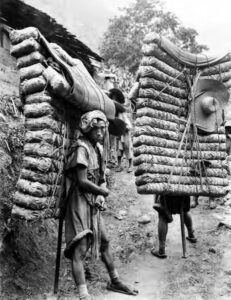 photo of a boy holding bricks on his back