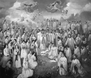 illustration of a group of people in white robes with angels above them
