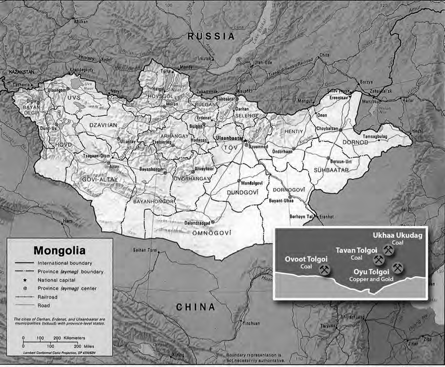 CIA map of Mongolia, with an added inset map showing the approximate location of large-scale mining operations in the Gobi Desert. 