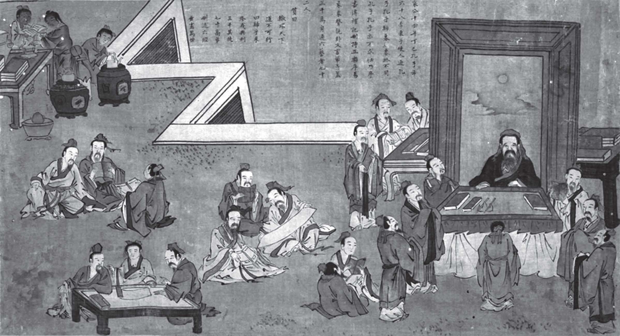 painting of several groups of people sitting together with scrolls, with one main person sitting behind a desk