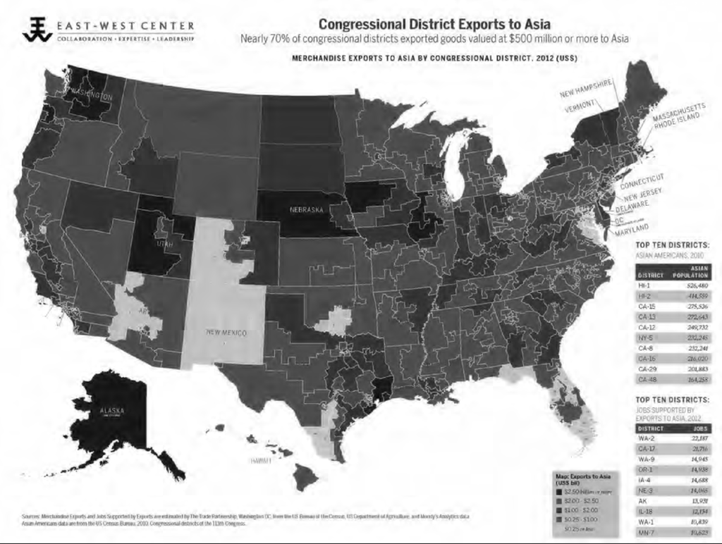 Map of the US with of Congressional District Exports to Asia.