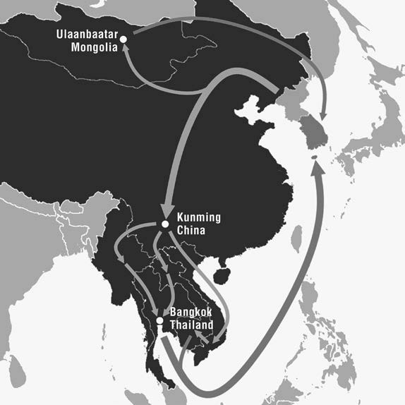 Map of typical routes to South Korea by North Korean defectors are through China and Southeast Asia. 