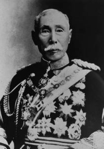 Portrait of Yamagata Aritomo, an elderly man with a short white mustache, depicted from the waist up. He is dressed in full military attire, adorned with numerous badges on his military coat. A military sash is draped across his chest, symbolizing his remarkable achievements and success in the military.