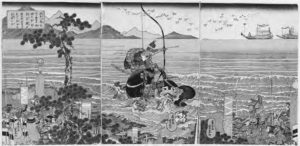Battle of Yashima. Woodblock print by Enrosai Shigemitsu (1845–1854). The print shows a samurai general on horseback in the water. He is aiming his arrow at distant battleships. 